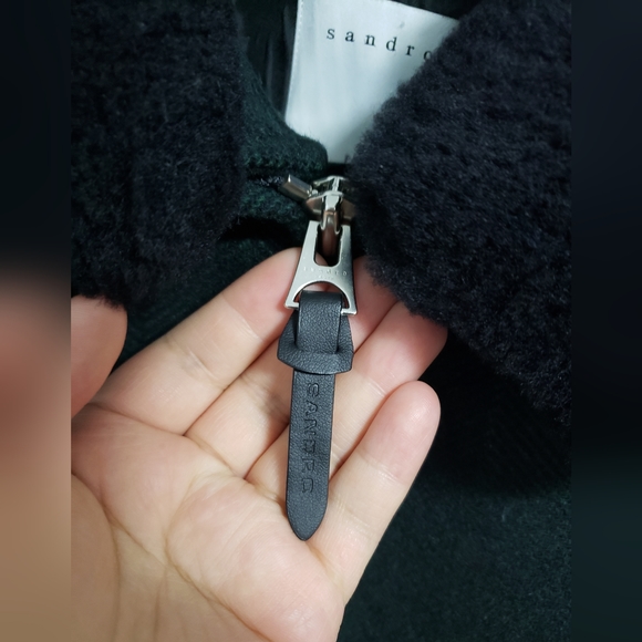 SANDRO Shearling Trim Collar Green Herringbone Wool Aviator Jacket - Picture 16 of 16